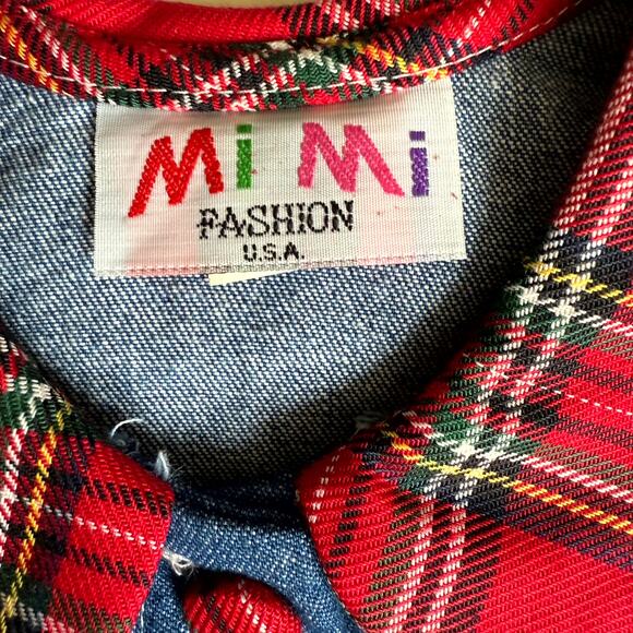 Vintage 90s MiMi Fashion Dress Baby Girl Size 1/2 Blue Denim Tartan Plaid Collar - Picture 3 of 4